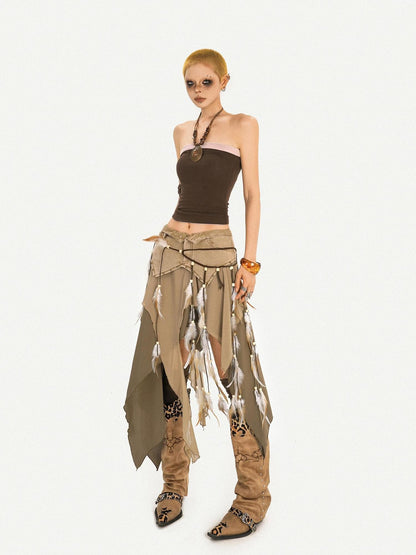 Nico Molly Brown Vintage Ethnic Handmade Braided Tassel Beaded Fur Trim Women&