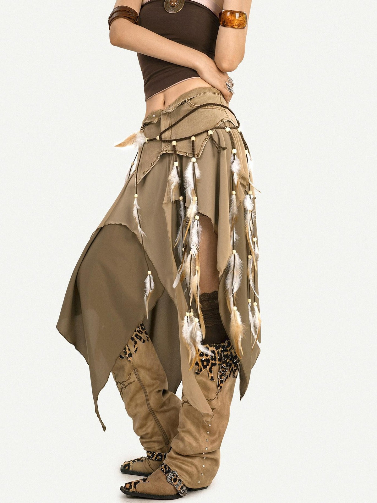Nico Molly Brown Vintage Ethnic Handmade Braided Tassel Beaded Fur Trim Women&