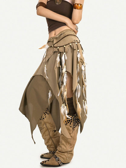 Nico Molly Brown Vintage Ethnic Handmade Braided Tassel Beaded Fur Trim Women&