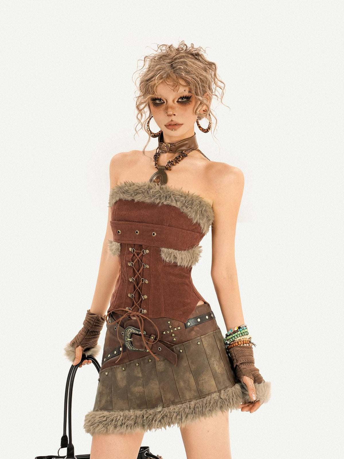 Nico Molly Brown Vintage Fur Patchwork Studded A Line Women&