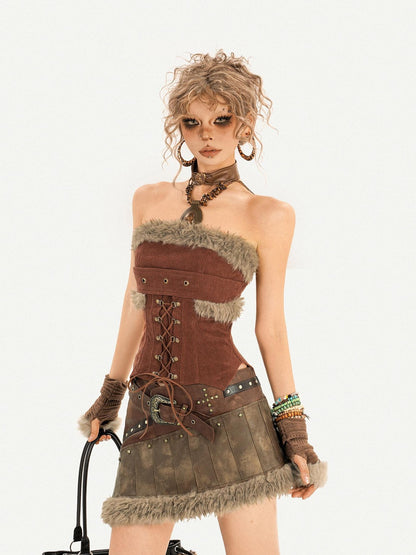 Nico Molly Brown Vintage Fur Patchwork Studded A Line Women&