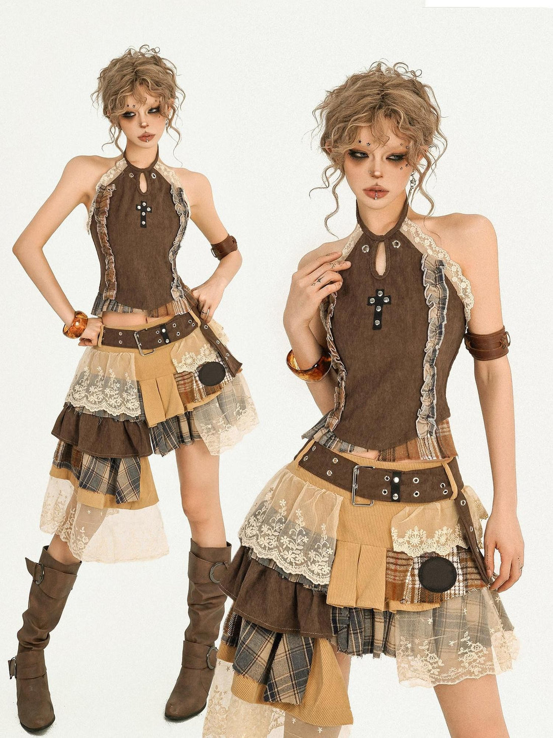 Nico Molly Brown Vintage Wasteland Lace Splice Cropped Slim Fit Women&