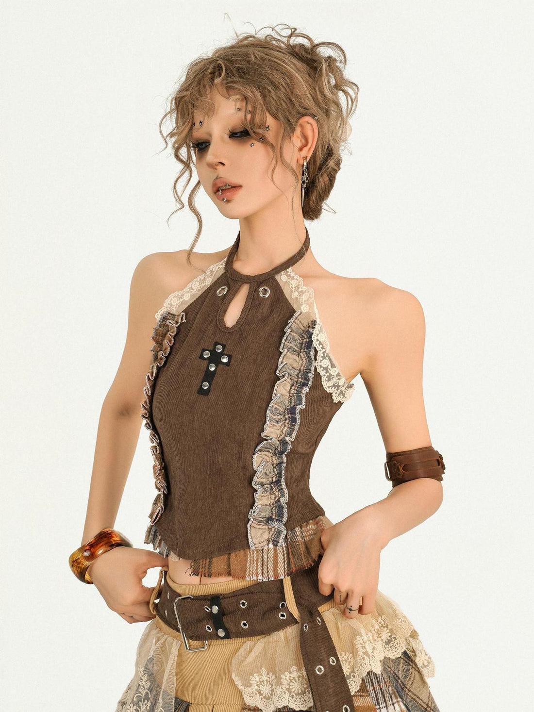 Nico Molly Brown Vintage Wasteland Lace Splice Cropped Slim Fit Women&
