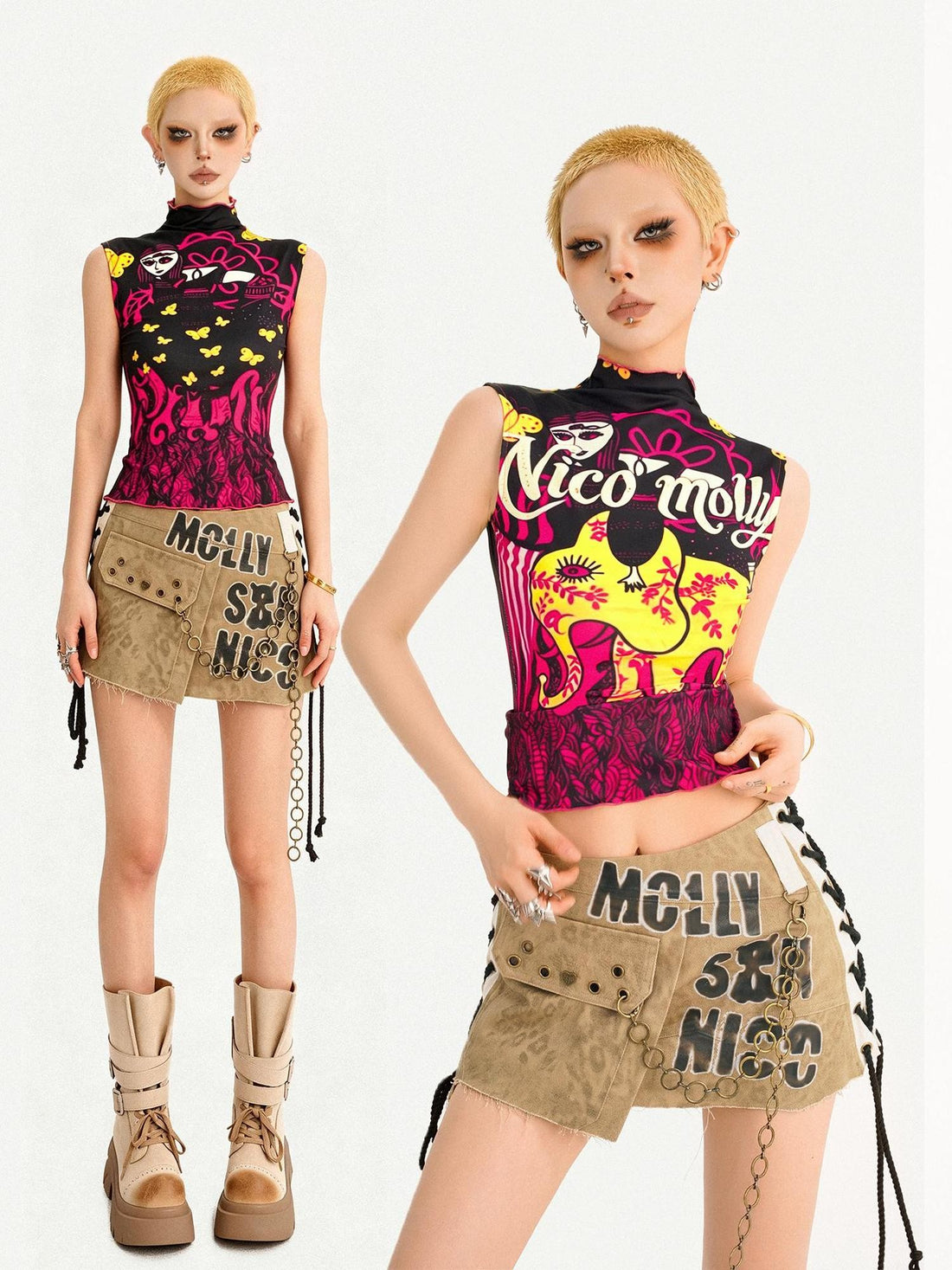 Nico Molly Butterfly Print Reversible Stand Collar Slim Fit Women&