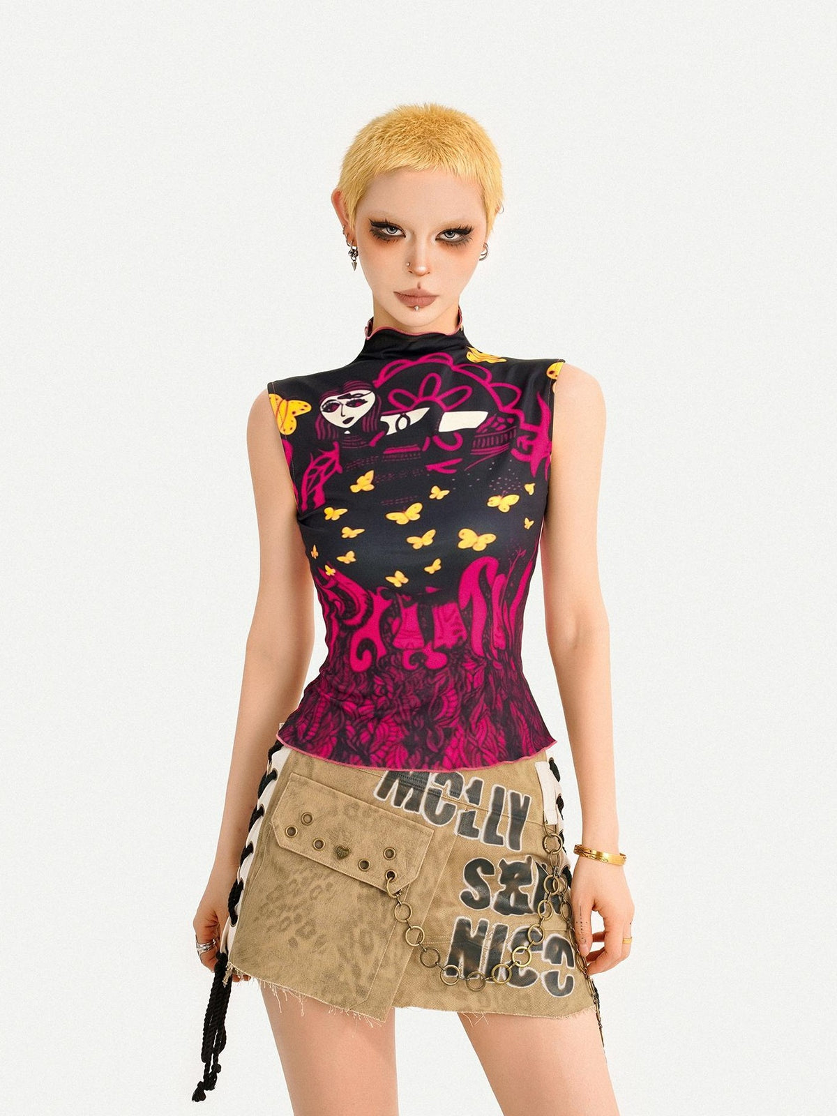 Nico Molly Butterfly Print Reversible Stand Collar Slim Fit Women&