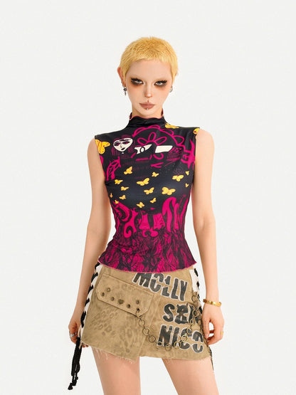 Nico Molly Butterfly Print Reversible Stand Collar Slim Fit Women&