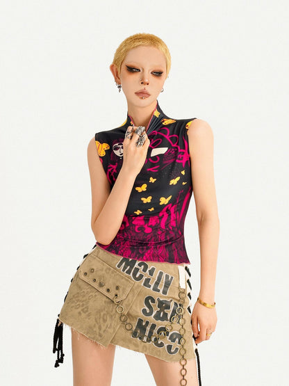 Nico Molly Butterfly Print Reversible Stand Collar Slim Fit Women&