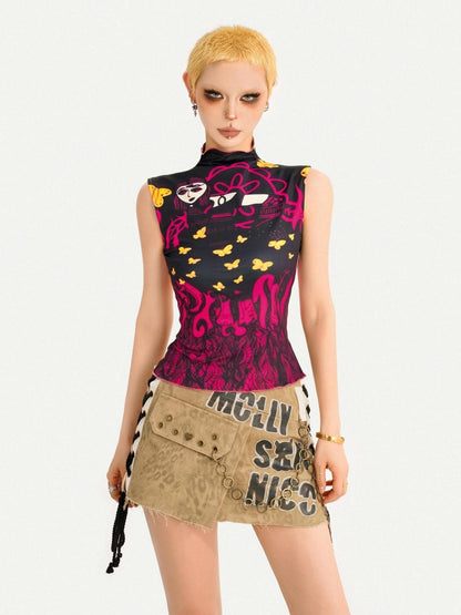 Nico Molly Butterfly Print Reversible Stand Collar Slim Fit Women&