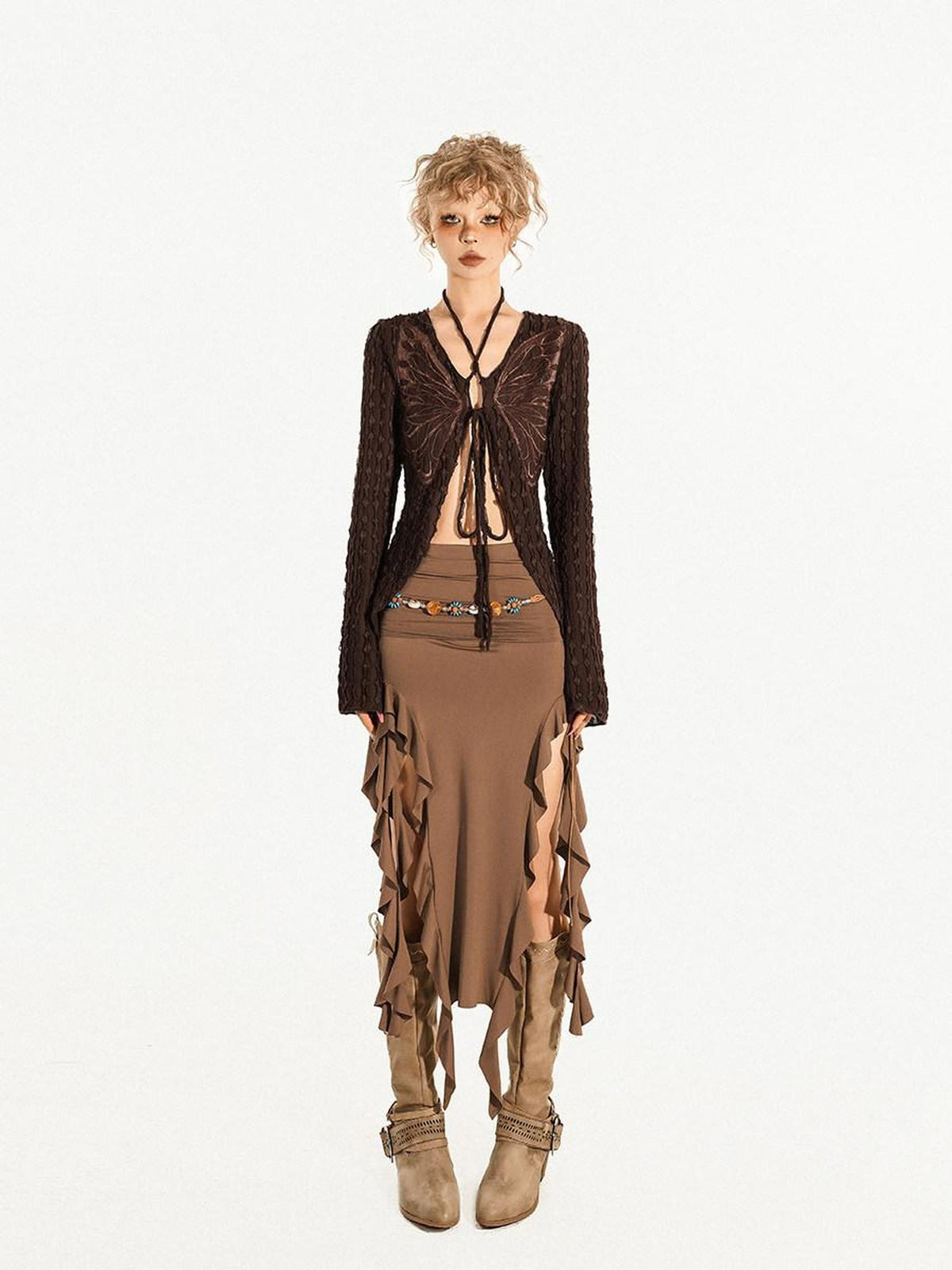 Nico Molly Butterfly Tie V-neck Vintage Slim Fit Long Sleeve Women&