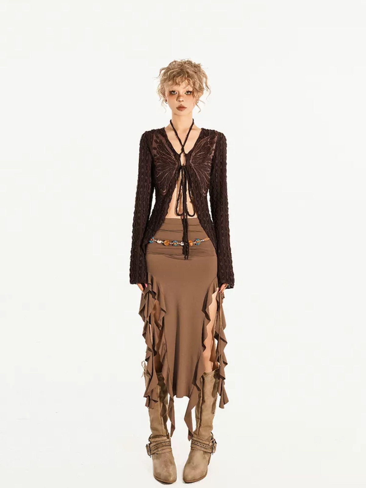 Nico Molly Butterfly Tie V-neck Vintage Slim Fit Long Sleeve Women&
