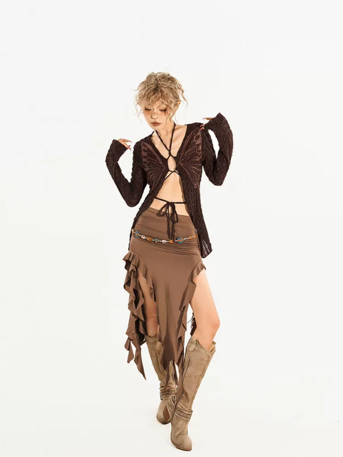 Nico Molly Butterfly Tie V-neck Vintage Slim Fit Long Sleeve Women&