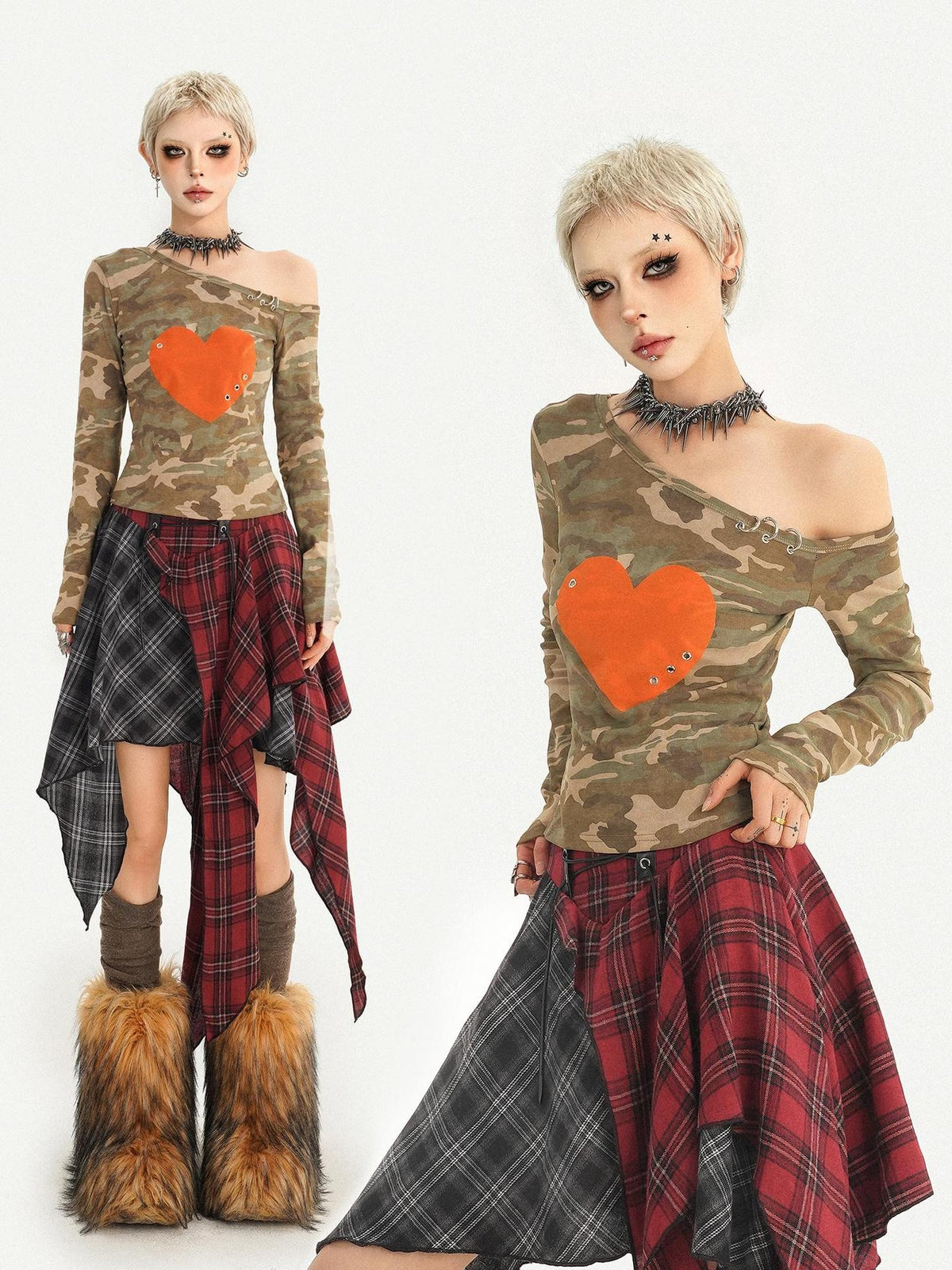 Nico Molly Camo Heart Print Punk Slanted Shoulder Women&