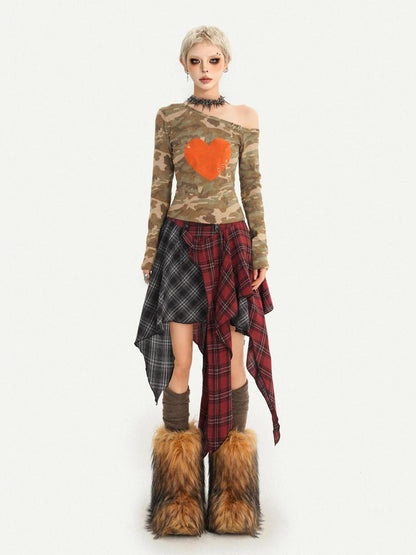 Nico Molly Camo Heart Print Punk Slanted Shoulder Women&