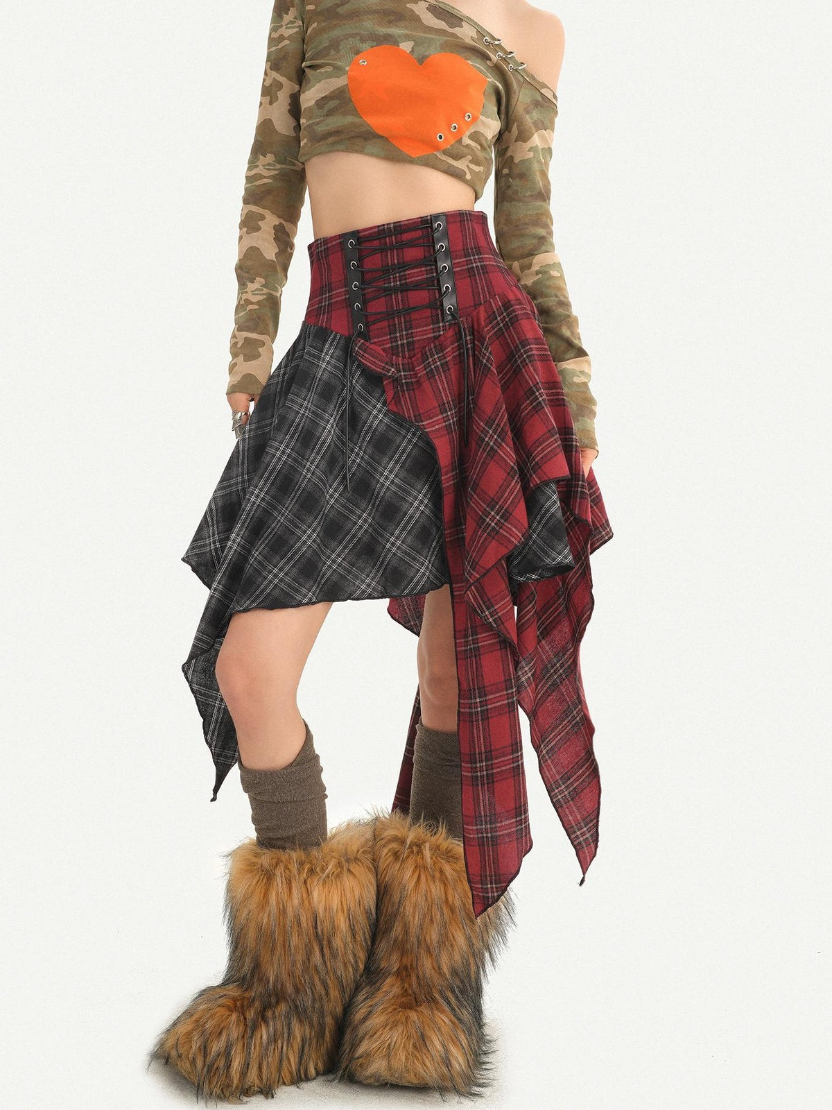 Nico Molly Camo Heart Print Punk Slanted Shoulder Women&