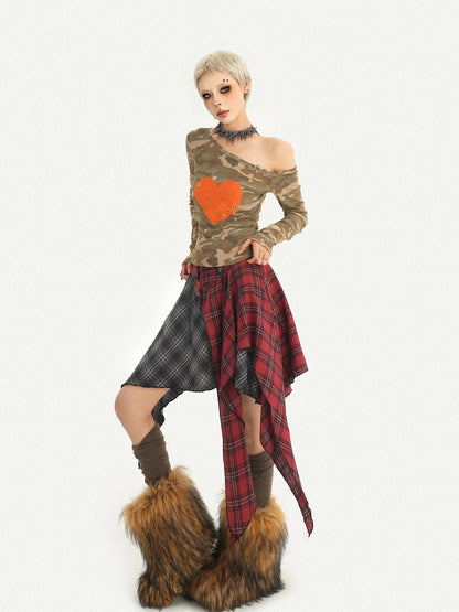 Nico Molly Camo Heart Print Punk Slanted Shoulder Women&