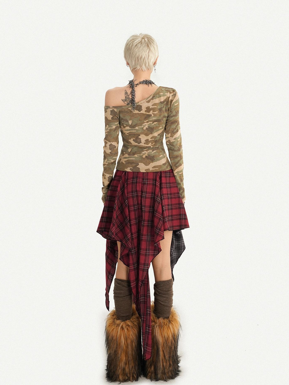 Nico Molly Camo Heart Print Punk Slanted Shoulder Women&