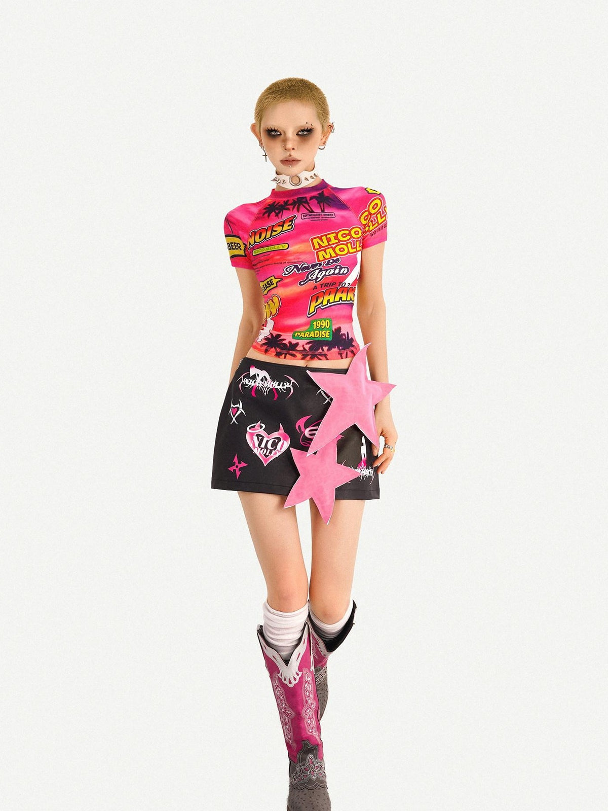 Nico Molly Cartoon Letter Print Raglan Short Sleeve Streetwear Women&