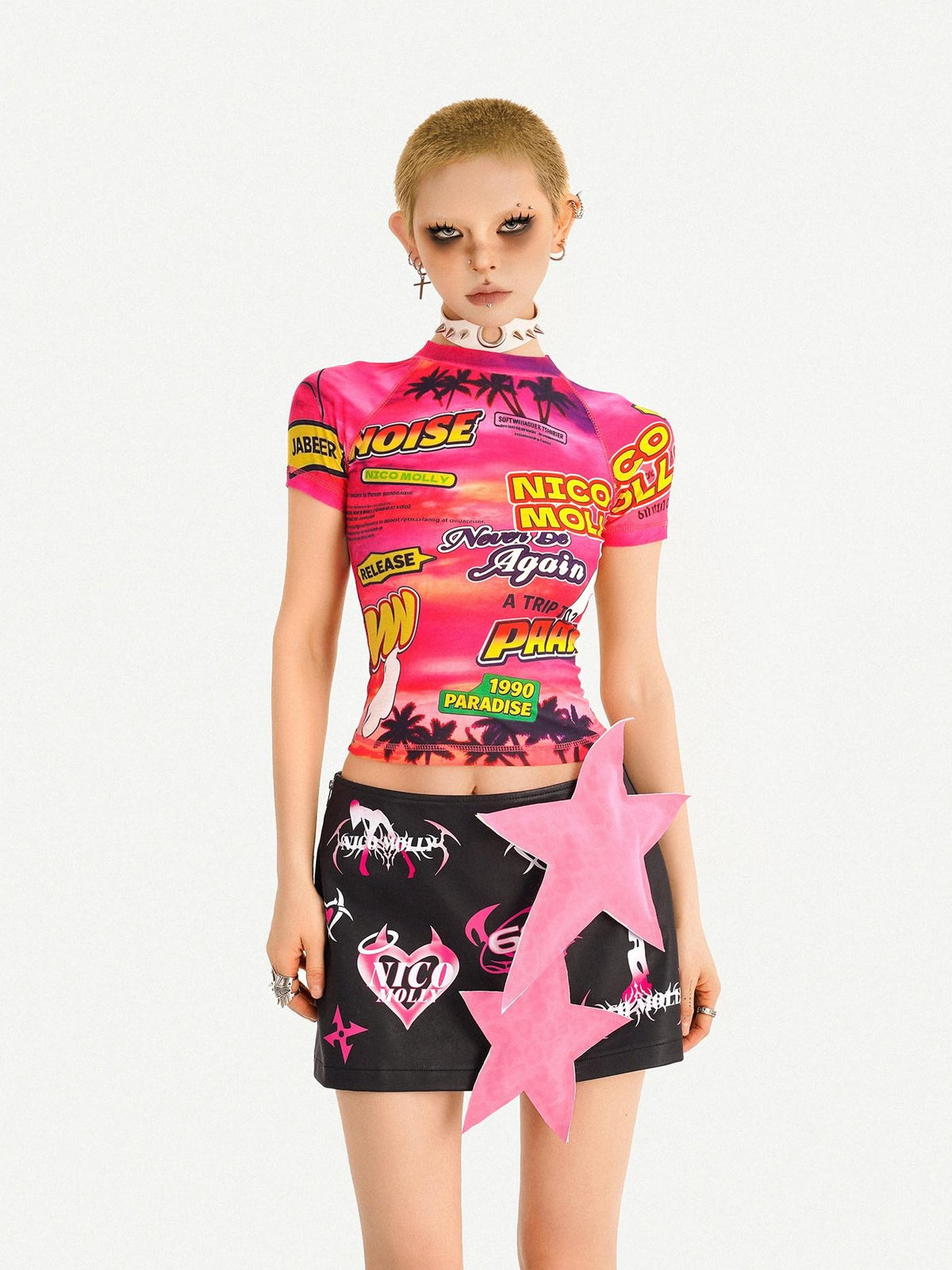 Nico Molly Cartoon Letter Print Raglan Short Sleeve Streetwear Women&