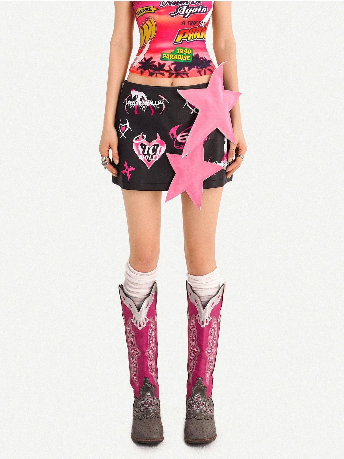 Nico Molly Cartoon Letter Print Raglan Short Sleeve Streetwear Women&