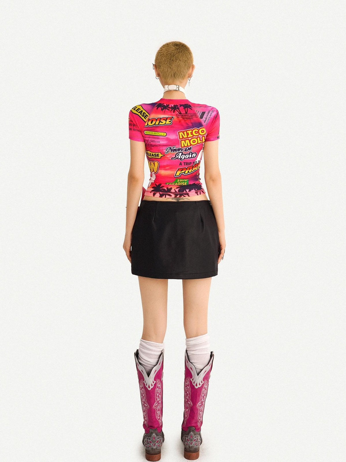 Nico Molly Cartoon Letter Print Raglan Short Sleeve Streetwear Women&