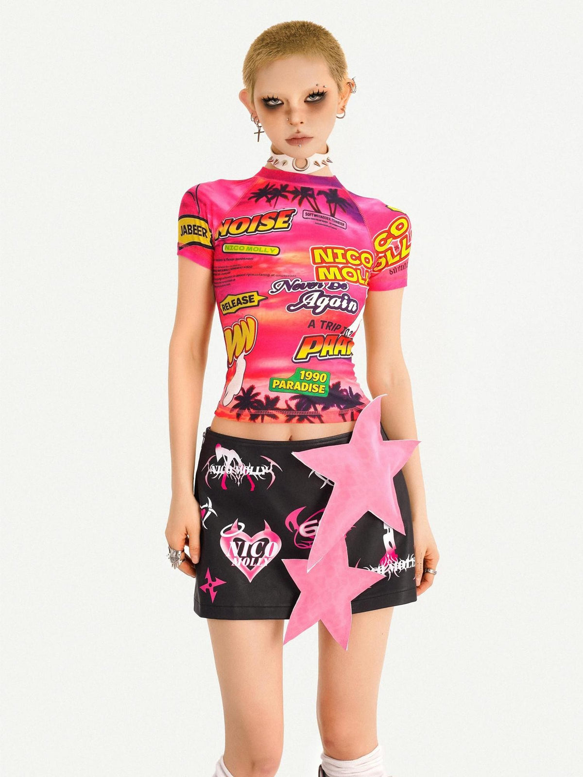 Nico Molly Cartoon Letter Print Raglan Short Sleeve Streetwear Women&