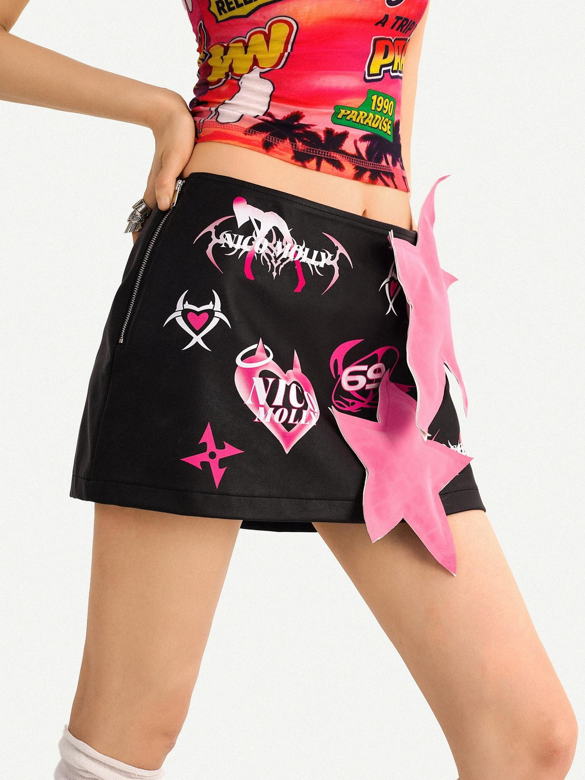 Nico Molly Cartoon Letter Print Raglan Short Sleeve Streetwear Women&