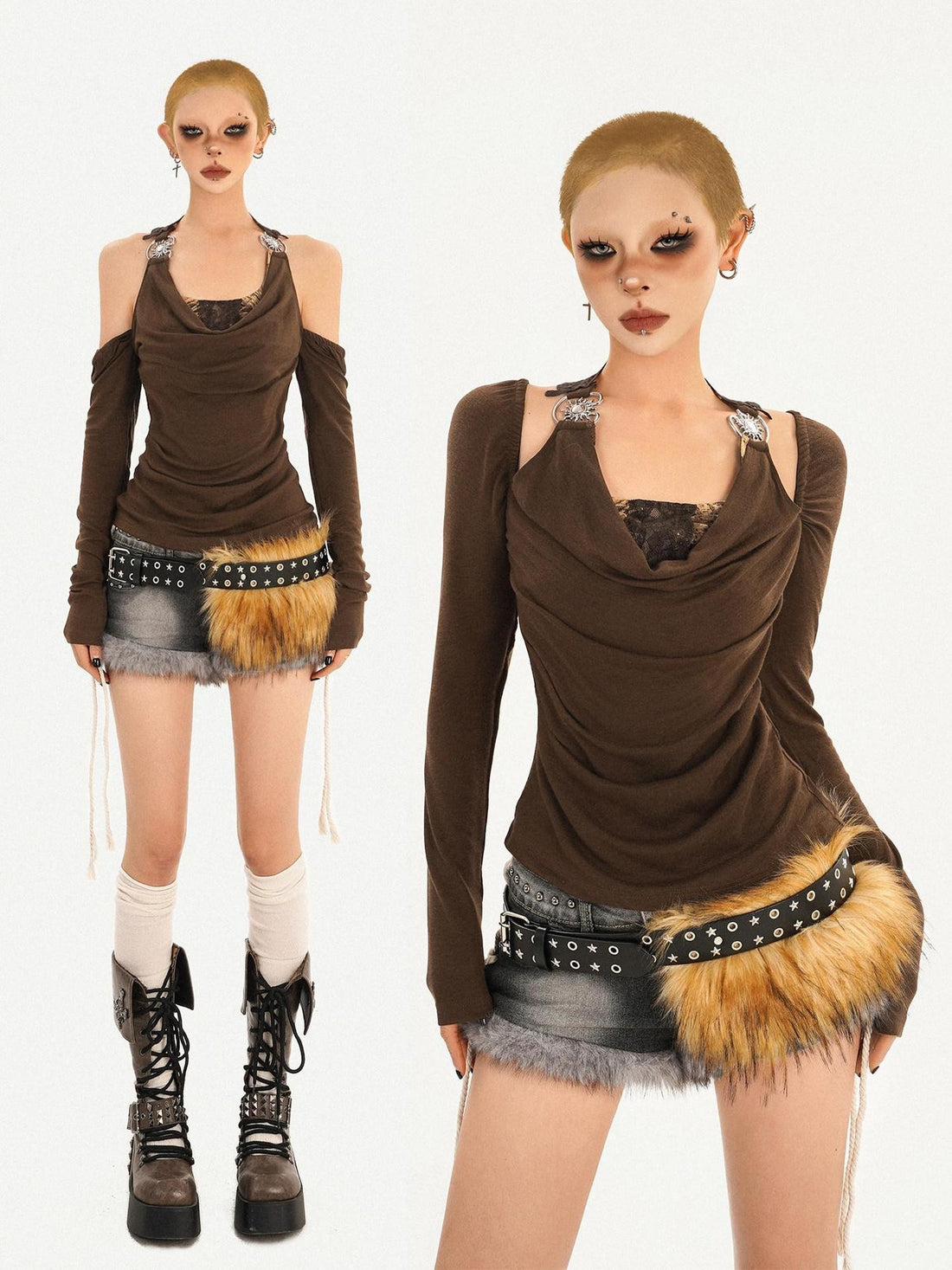 Nico Molly Coffee Halter Mock Layered Backless Women&