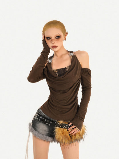 Nico Molly Coffee Halter Mock Layered Backless Women&
