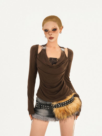 Nico Molly Coffee Halter Mock Layered Backless Women&