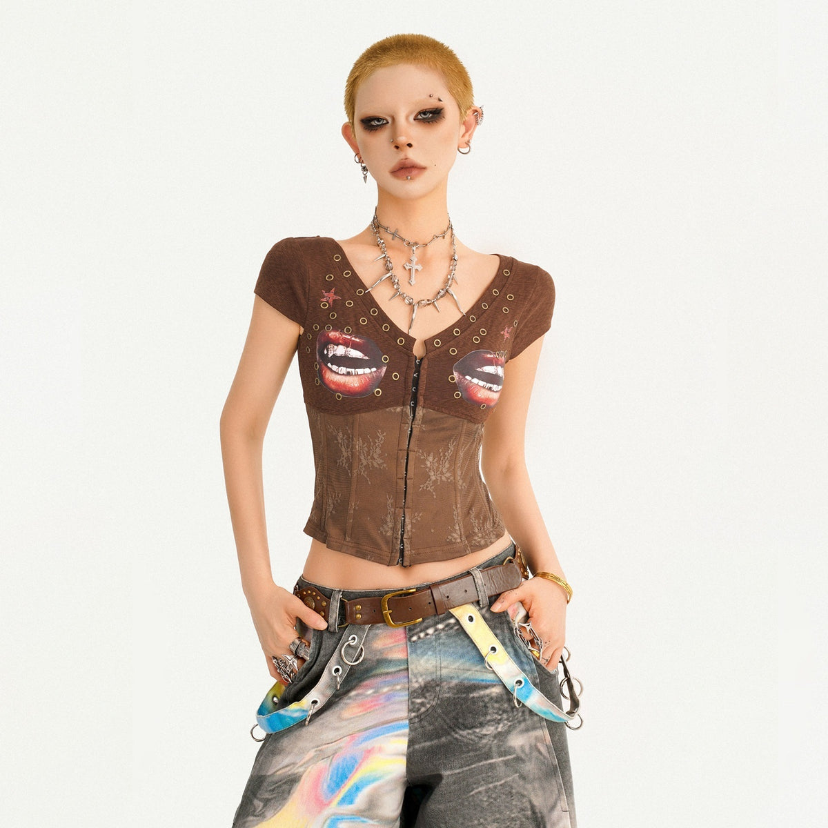 Nico_Molly_Coffee_Printed_Lace_Patchwork_V-neck_Cardigan_Slim_Waist_Women&