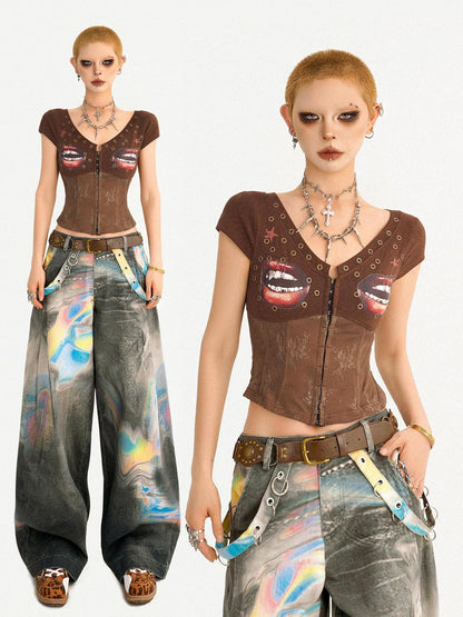 Nico Molly Coffee Printed Lace Patchwork V-neck Cardigan Slim Waist Women&