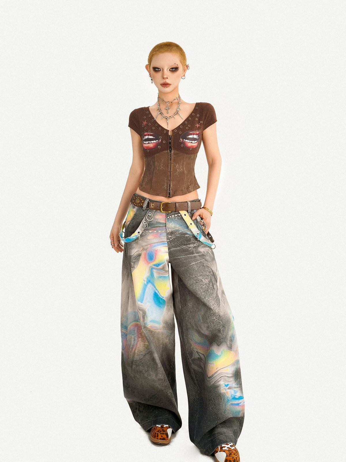 Nico Molly Coffee Printed Lace Patchwork V-neck Cardigan Slim Waist Women&