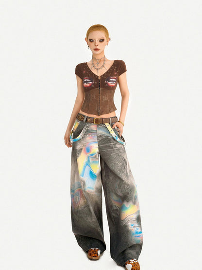 Nico Molly Coffee Printed Lace Patchwork V-neck Cardigan Slim Waist Women&