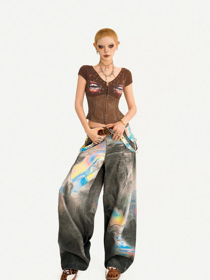 Nico Molly Coffee Printed Lace Patchwork V-neck Cardigan Slim Waist Women&
