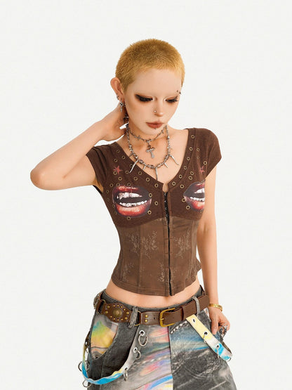 Nico Molly Coffee Printed Lace Patchwork V-neck Cardigan Slim Waist Women&
