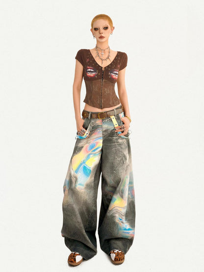 Nico Molly Coffee Printed Lace Patchwork V-neck Cardigan Slim Waist Women&