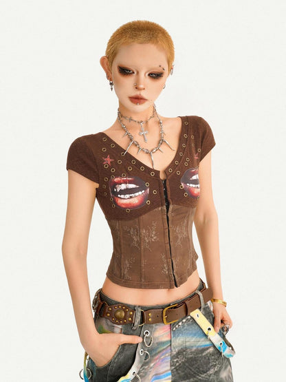 Nico Molly Coffee Printed Lace Patchwork V-neck Cardigan Slim Waist Women&