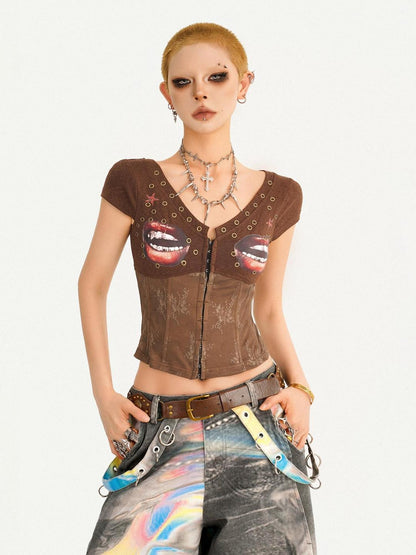 Nico Molly Coffee Printed Lace Patchwork V-neck Cardigan Slim Waist Women&