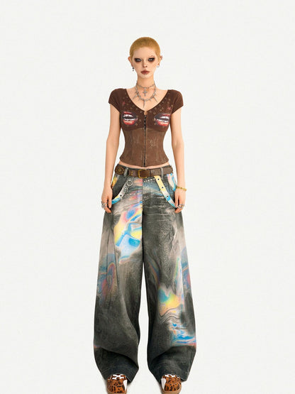 Nico Molly Coffee Printed Lace Patchwork V-neck Cardigan Slim Waist Women&