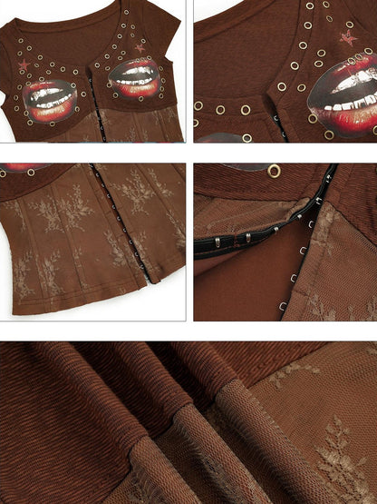 Nico Molly Coffee Printed Lace Patchwork V-neck Cardigan Slim Waist Women&