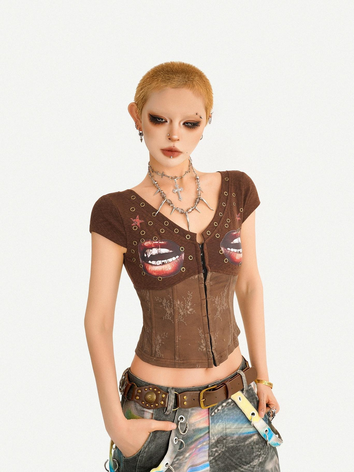 Nico Molly Coffee Printed Lace Patchwork V-neck Cardigan Slim Waist Women&