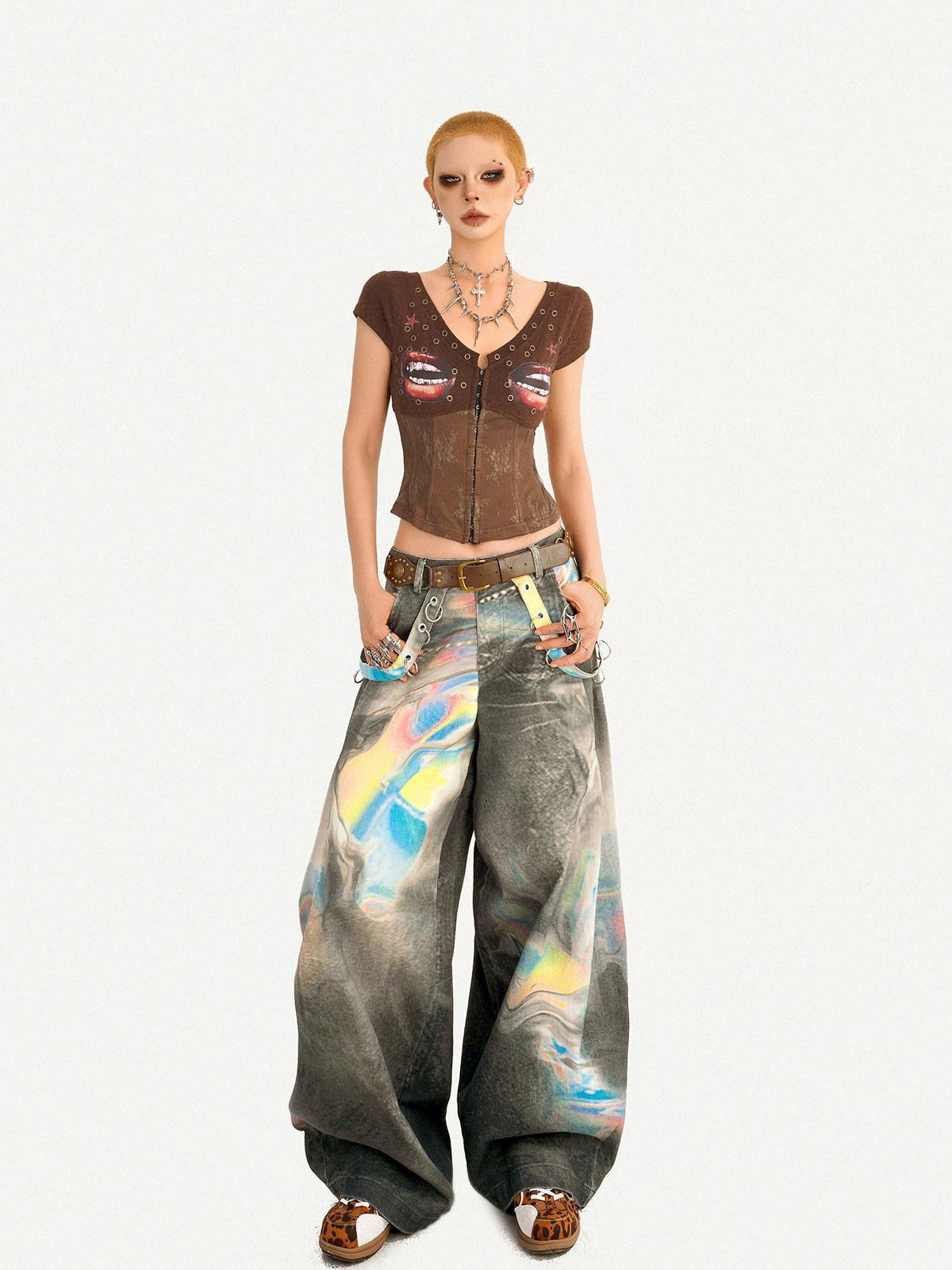 Nico Molly Coffee Printed Lace Patchwork V-neck Cardigan Slim Waist Women&