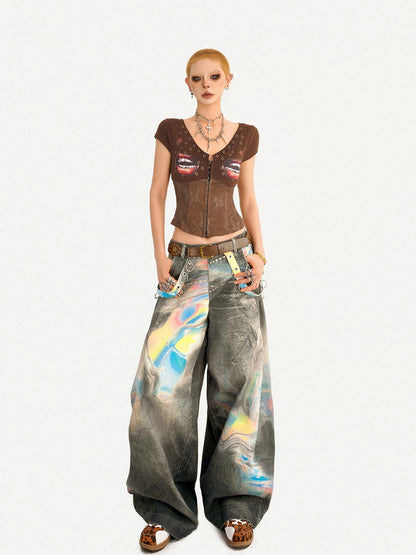 Nico Molly Coffee Printed Lace Patchwork V-neck Cardigan Slim Waist Women&