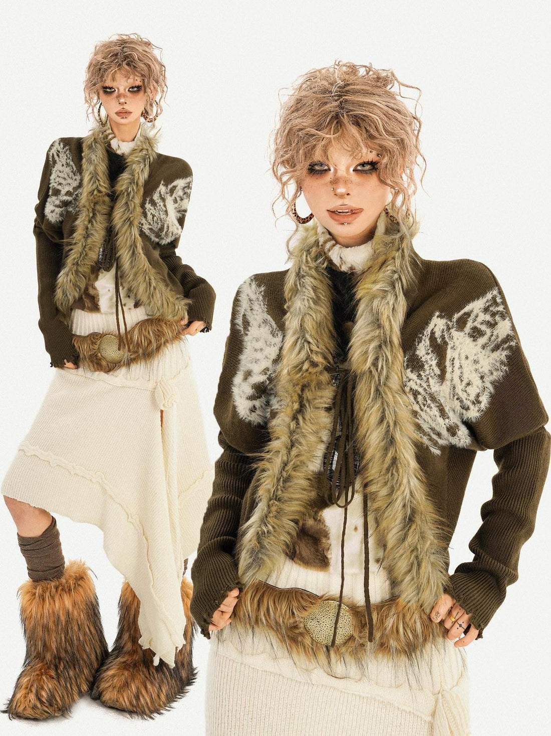 Nico Molly Coffee Vintage Barn Print Loose Batwing Sleeve Fur Collar Women&