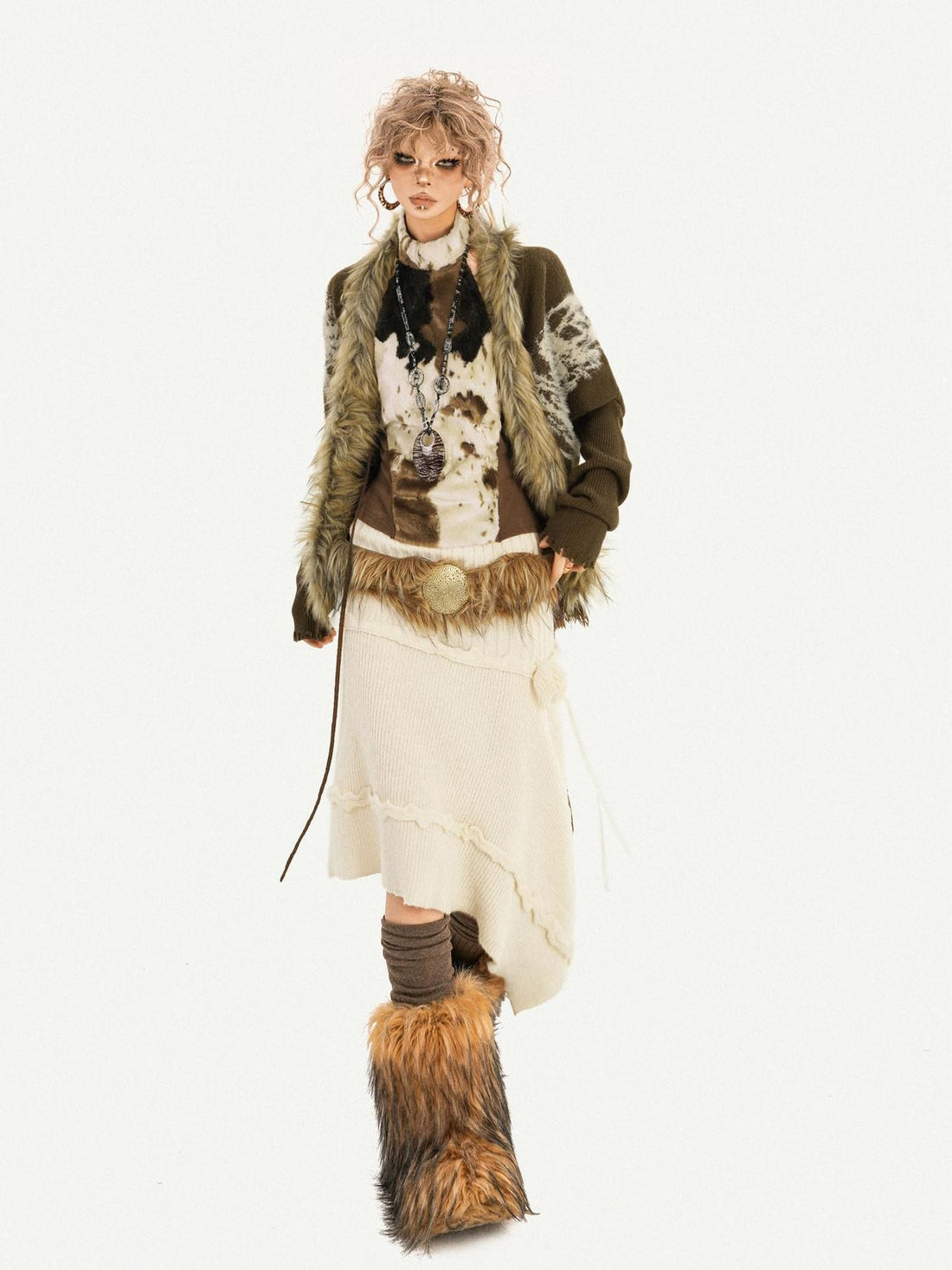Nico Molly Coffee Vintage Barn Print Loose Batwing Sleeve Fur Collar Women&