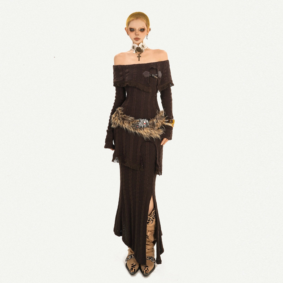 Nico_Molly_Coffee_Vintage_Off_Shoulder_Slit_Skirt_Slim_Fit_Women&