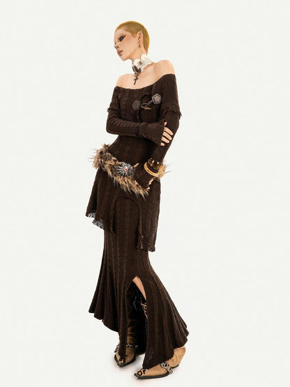Nico Molly Coffee Vintage Off Shoulder Slit Skirt Slim Fit Women&