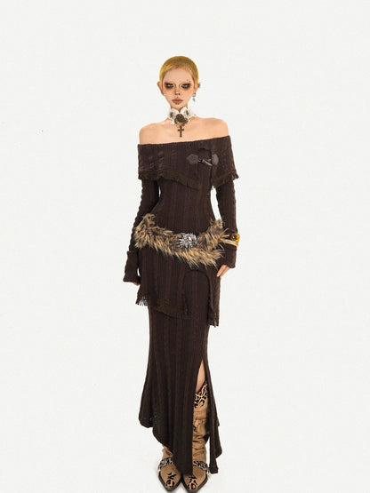 Nico Molly Coffee Vintage Off Shoulder Slit Skirt Slim Fit Women&