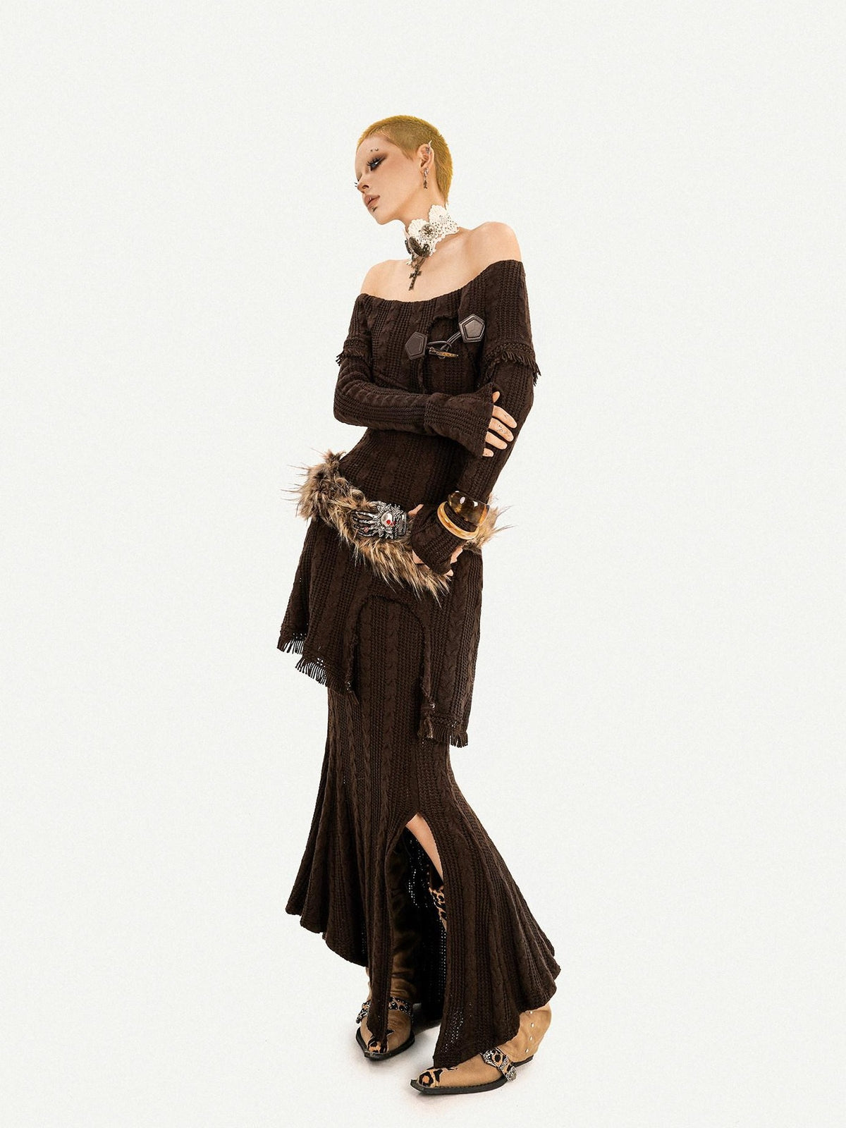 Nico Molly Coffee Vintage Off Shoulder Slit Skirt Slim Fit Women&