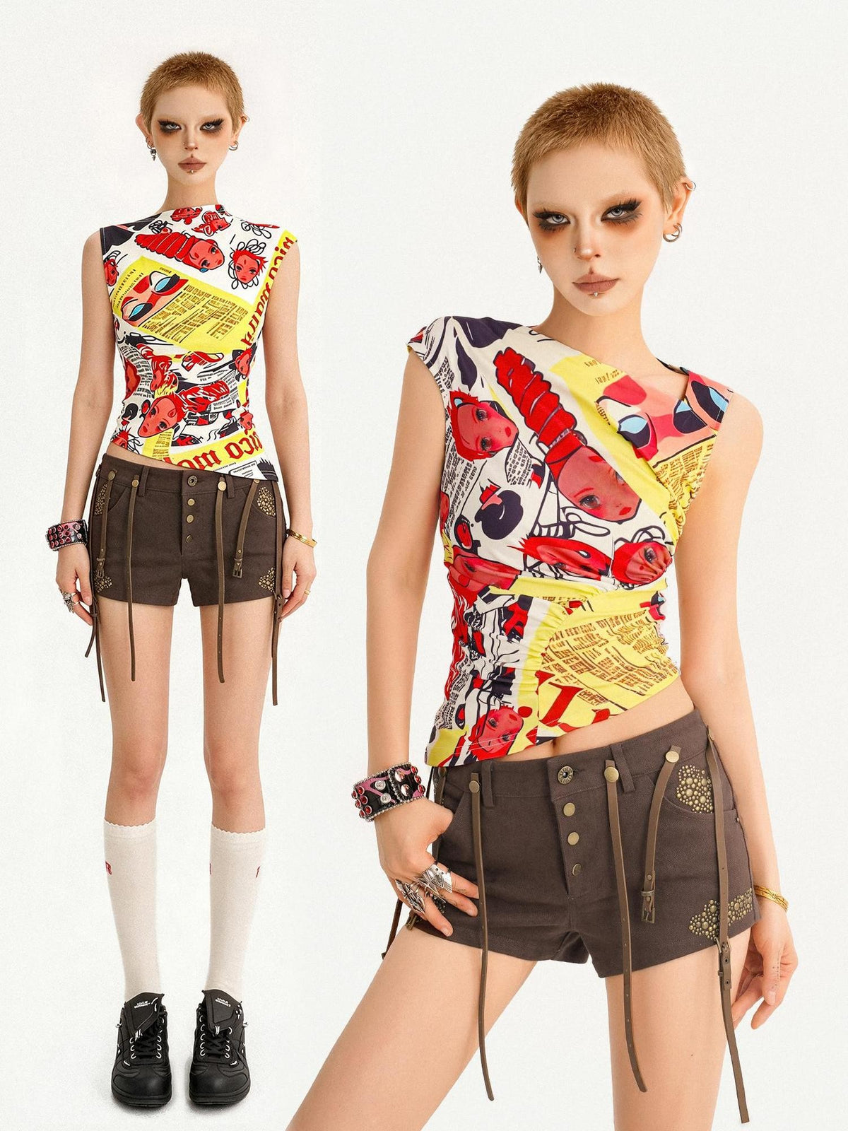 Nico Molly Comic Letter Fruit Print Slim Convertible A Line Narrow Strap Women&